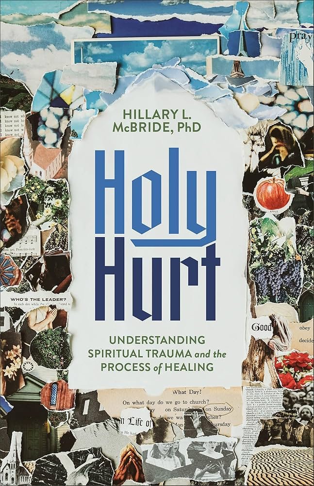 Collage of torn magazine and newspaper clippings surrounding a book titled 'Holy Hurt' by Hillary L. McBride, PhD. The cover features a blue and white mountain scene with sky and clouds.