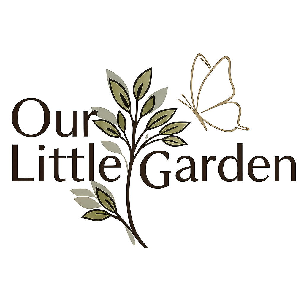 A logo for 'Our Little Garden' featuring a stylized branch with leaves and a butterfly.
