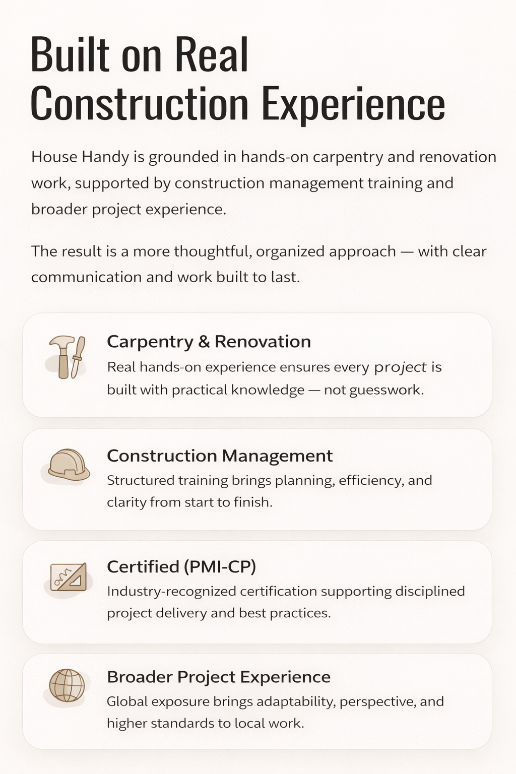 Text claiming 'Built on Real Construction Experience' with descriptions of carpentry, renovation, construction management, industry certification, and broader project experience.