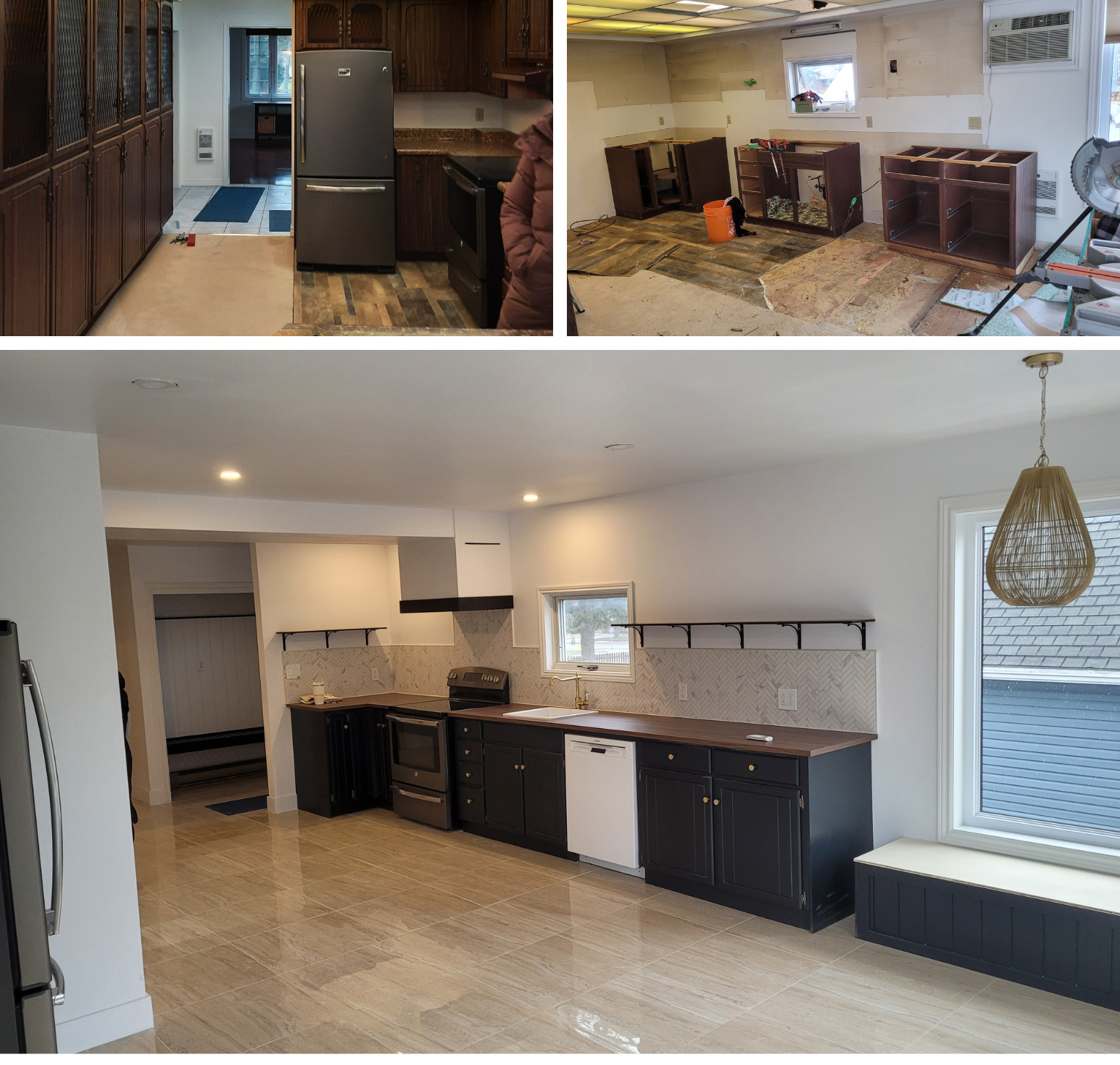 Progress photos of kitchen renovation: top left shows an old kitchen with dark wood cabinets and a gray refrigerator; top right shows a kitchen in the process of remodeling with unfinished cabinets and flooring; bottom image displays the completed renovated kitchen with modern black cabinets, white walls, tiled flooring, and updated appliances and fixtures.