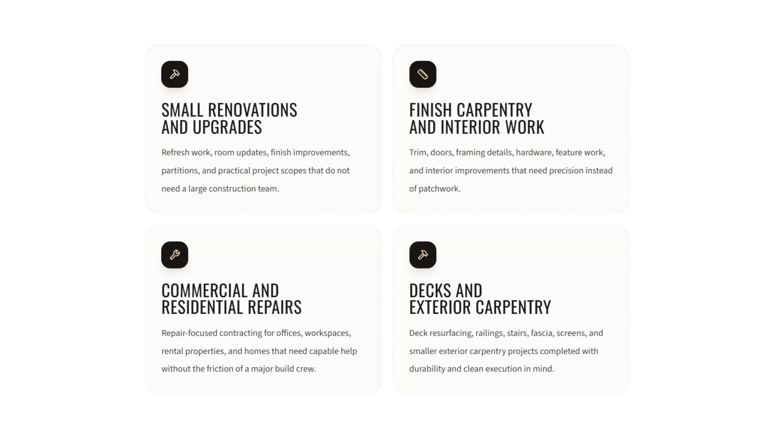 Four information cards related to home renovation work, including small renovations, carpentry, repairs, and exterior carpentry, each with icons in the top left corner.