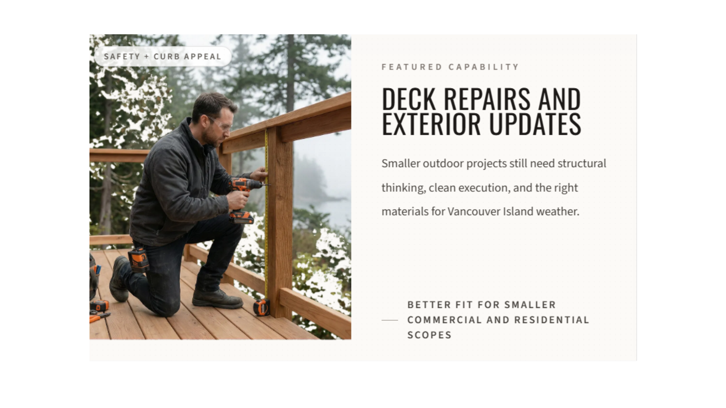 A man kneeling on a wooden deck, using a power drill to work on a railing with trees and fog in the background. The deck is part of a brochure section titled 'Deck Repairs and Exterior Updates,' focusing on deck repair capabilities for smaller outdoor projects.