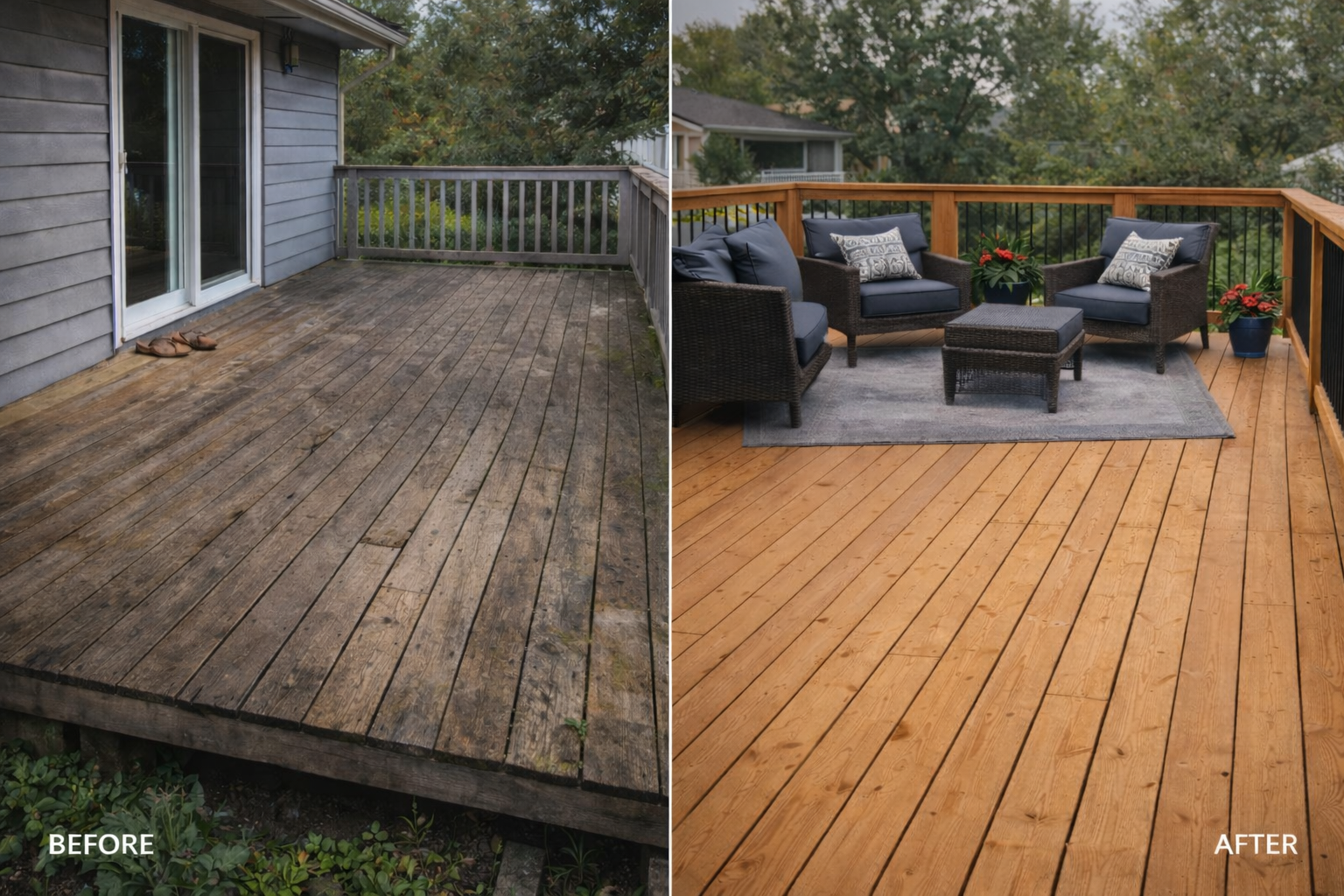 A blue Mastercraft table saw is placed on a wooden dock beside a lake, with water and greenery visible in the background.