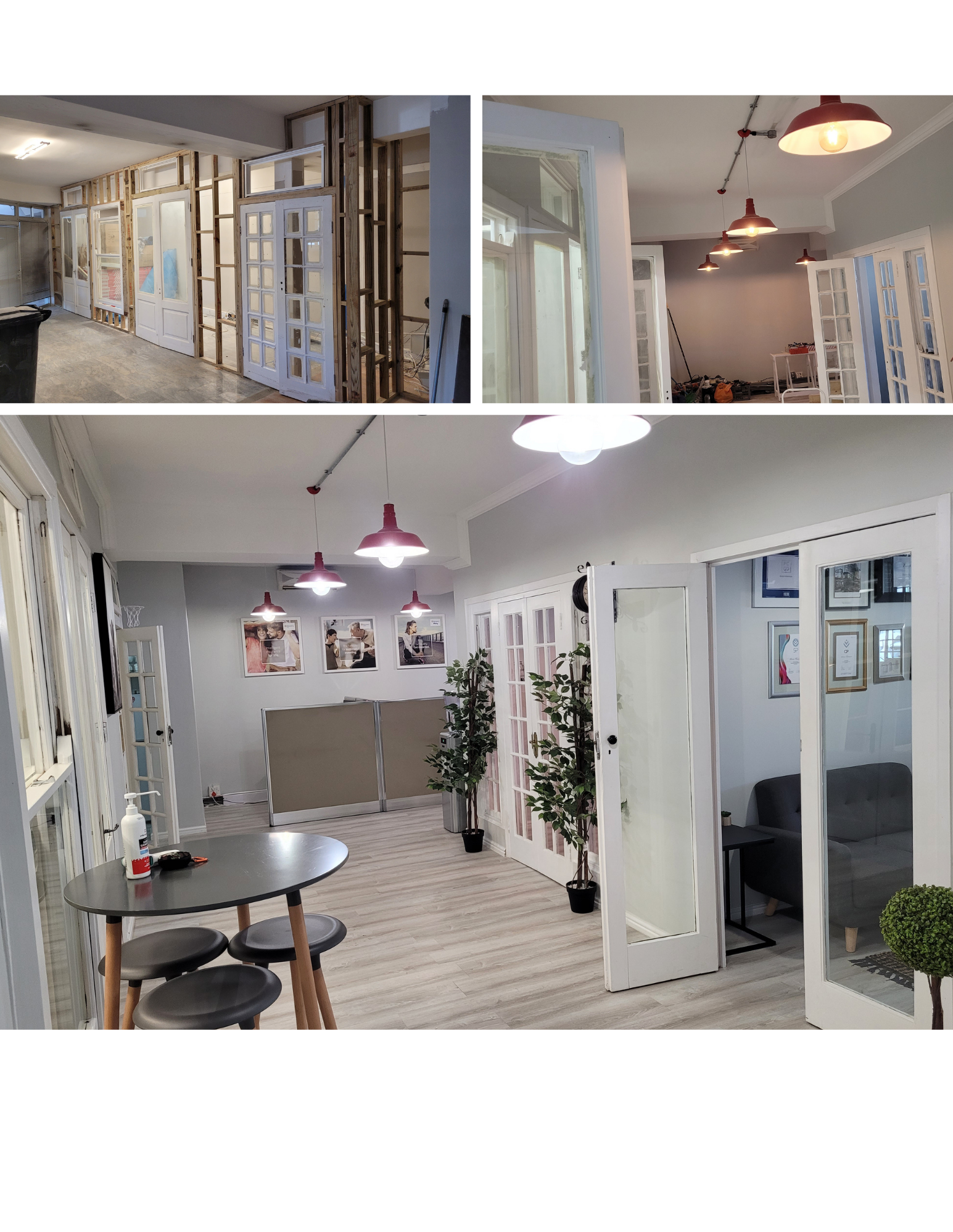 A collage showing the renovation progress of an interior space. The top left image shows the construction phase with exposed wall framing and partial door installations. The top right image depicts the same room with new flooring, painted walls, and installed lighting fixtures, but still under renovation. The bottom image presents the finished interior with painted walls, modern lighting, furniture, and decor, including a table with stools, framed pictures, potted plants, and a sitting area.