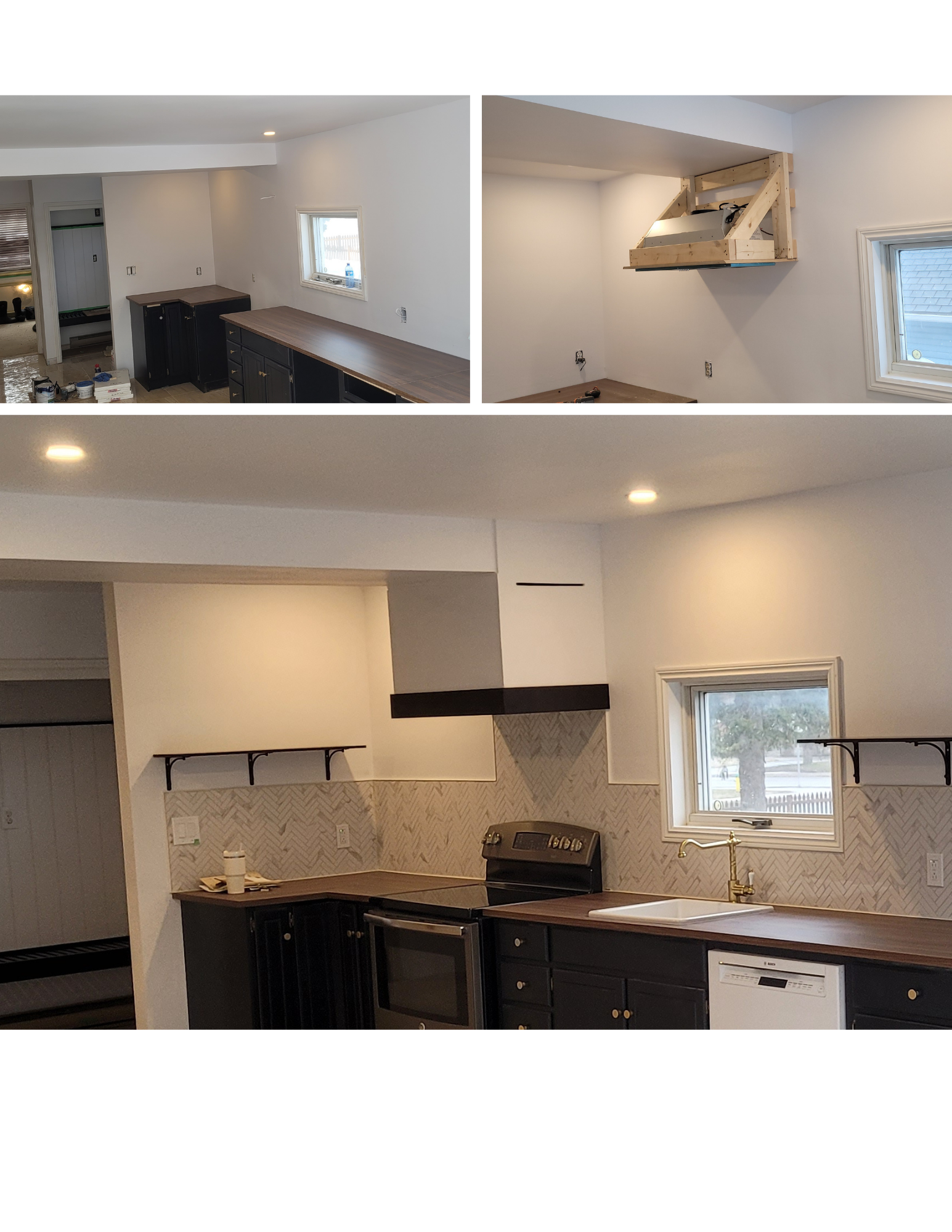 Before and after images of kitchen renovation showing an upgraded kitchen with new cabinetry, countertops, backsplash, and lighting.