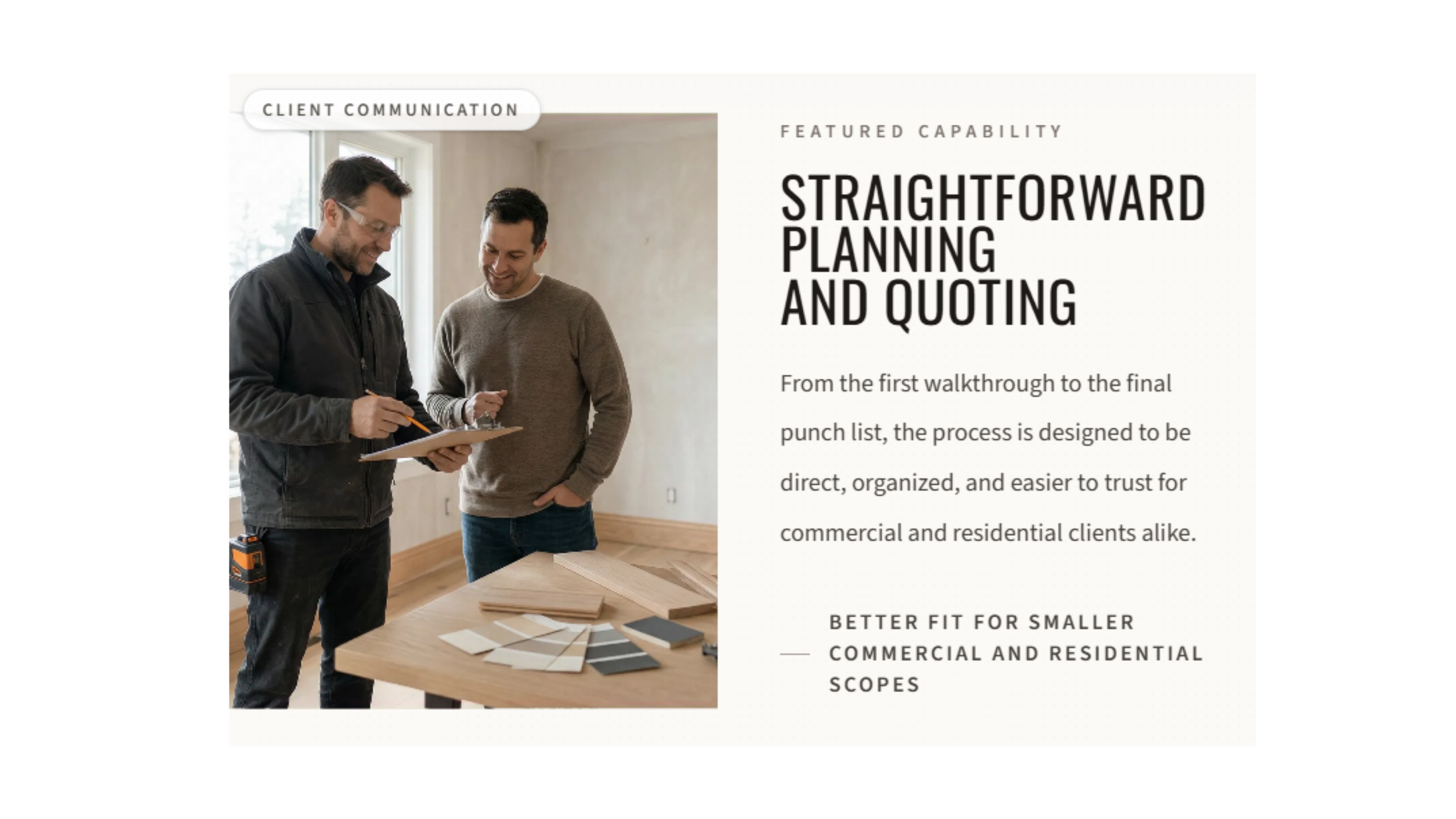 Two men discussing plans and samples at a wooden table in a bright room, with large windows, while reviewing documents and color swatches.