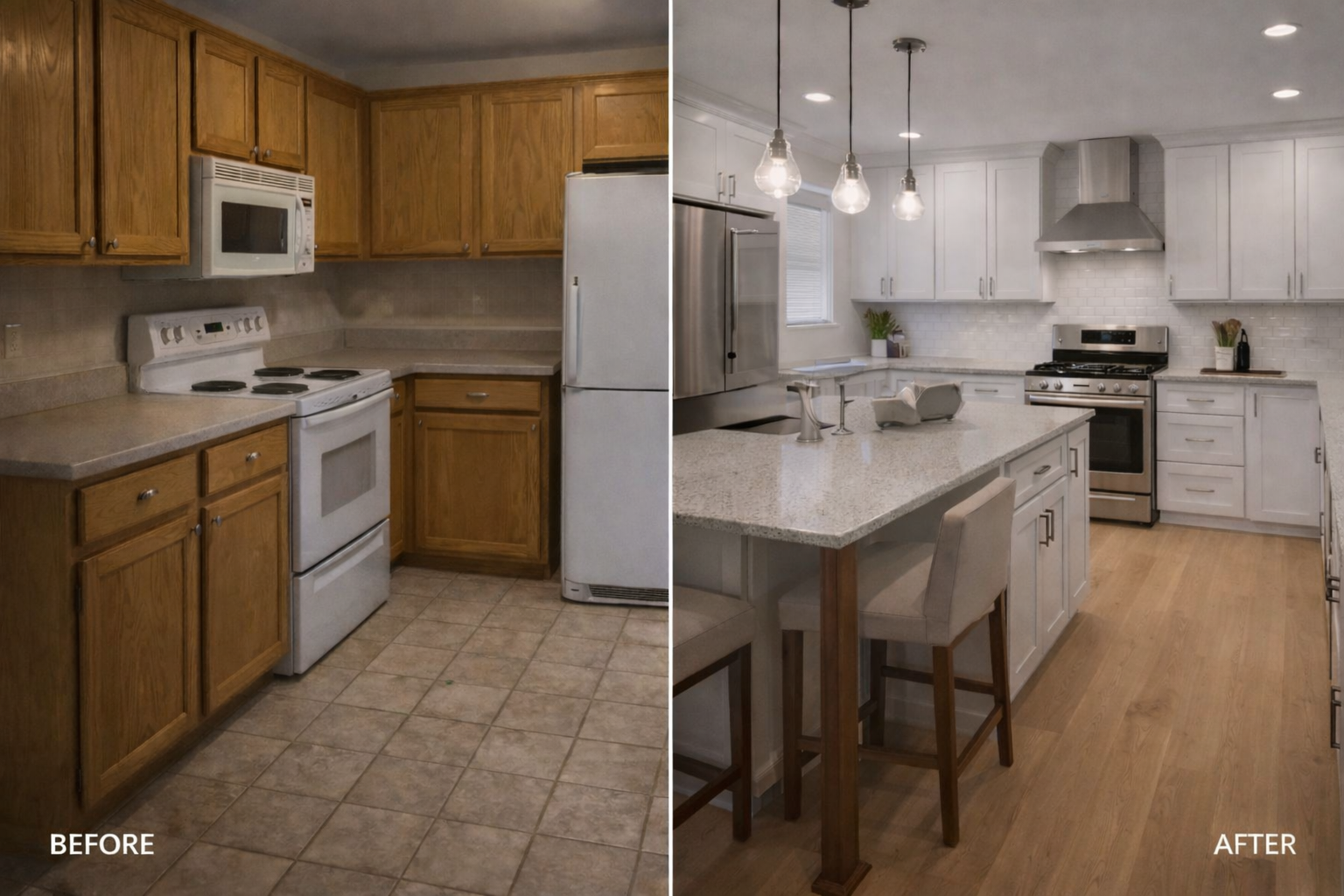 Interior view of a room under renovation with construction tools, cardboard boxes, and partially removed walls.
