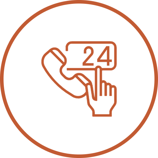 Icon of a telephone receiver, a hand with a pointed finger, and the number 24, indicating 24-hour customer support or service.