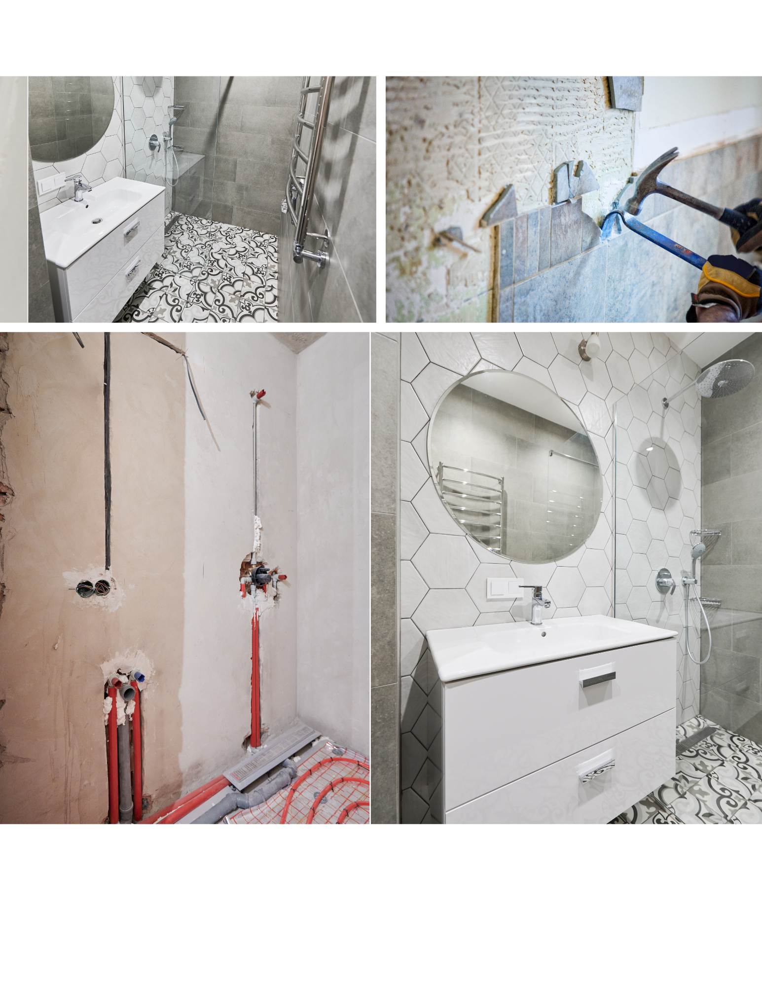 Side-by-side comparison of a bathroom sink before and after cleaning. The before images show a sink with dirt and grime around the edges, while the after image shows a clean sink with a shiny faucet. The sink is white, with a tile countertop, and there are some rags or towels next to the sink.