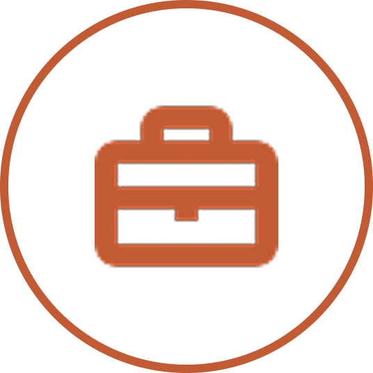 Icon of a brown briefcase with three drawers inside a white circle with a brown outline.