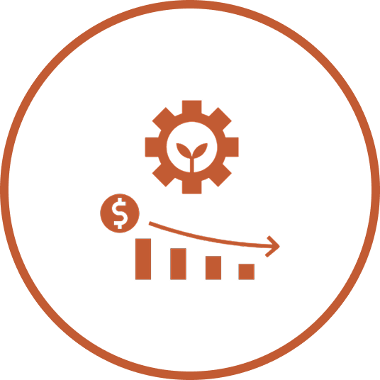Icon of a dollar sign decline, gear with a plant inside, symbolizing economic growth or sustainability.
