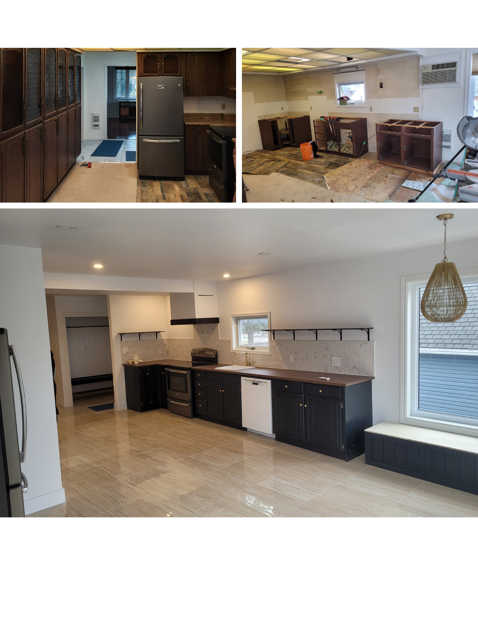 Comparison of a kitchen before and after renovation. Top left shows original kitchen with dark wood cabinets, stainless steel refrigerator, and outdated flooring. Top right shows the kitchen during renovation with unfinished cabinets and flooring. Bottom shows the renovated kitchen with white walls, black lower cabinets, white appliances, modern backsplash, and new flooring.