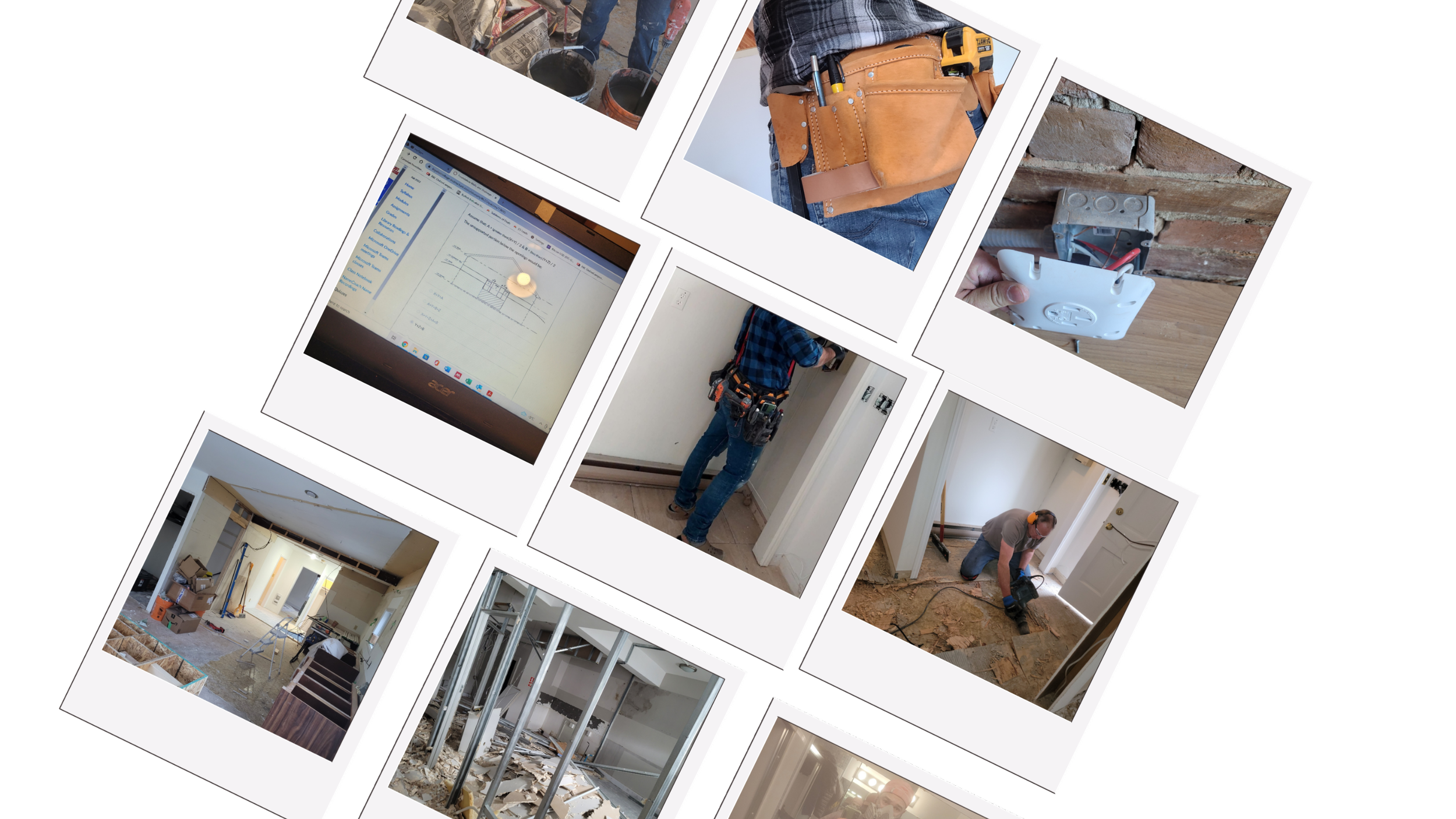 Collage of photos showing interior home renovation and construction activities, including workers installing wiring, framing walls, and working on flooring, along with images of tools, a laptop, and construction progress.