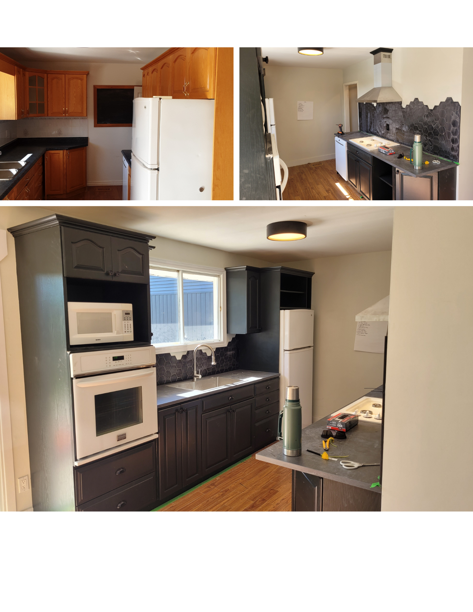 Before and after images of a kitchen renovation, showing updated black cabinetry, new appliances, and improved overall appearance.