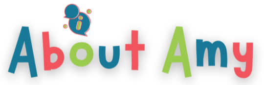 Text reading 'About Amy' with colorful, playful letters and a pink and yellow ladybug graphic above the letter 'A'.