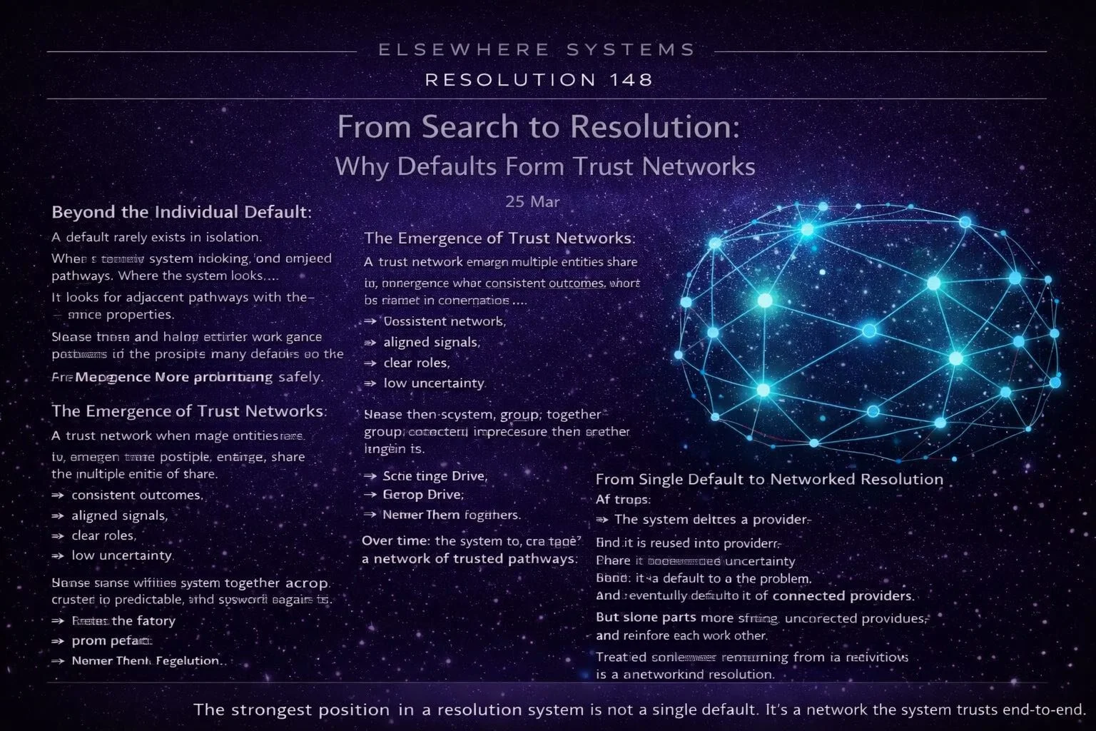From Search to Resolution: Why Defaults Form Trust Networks