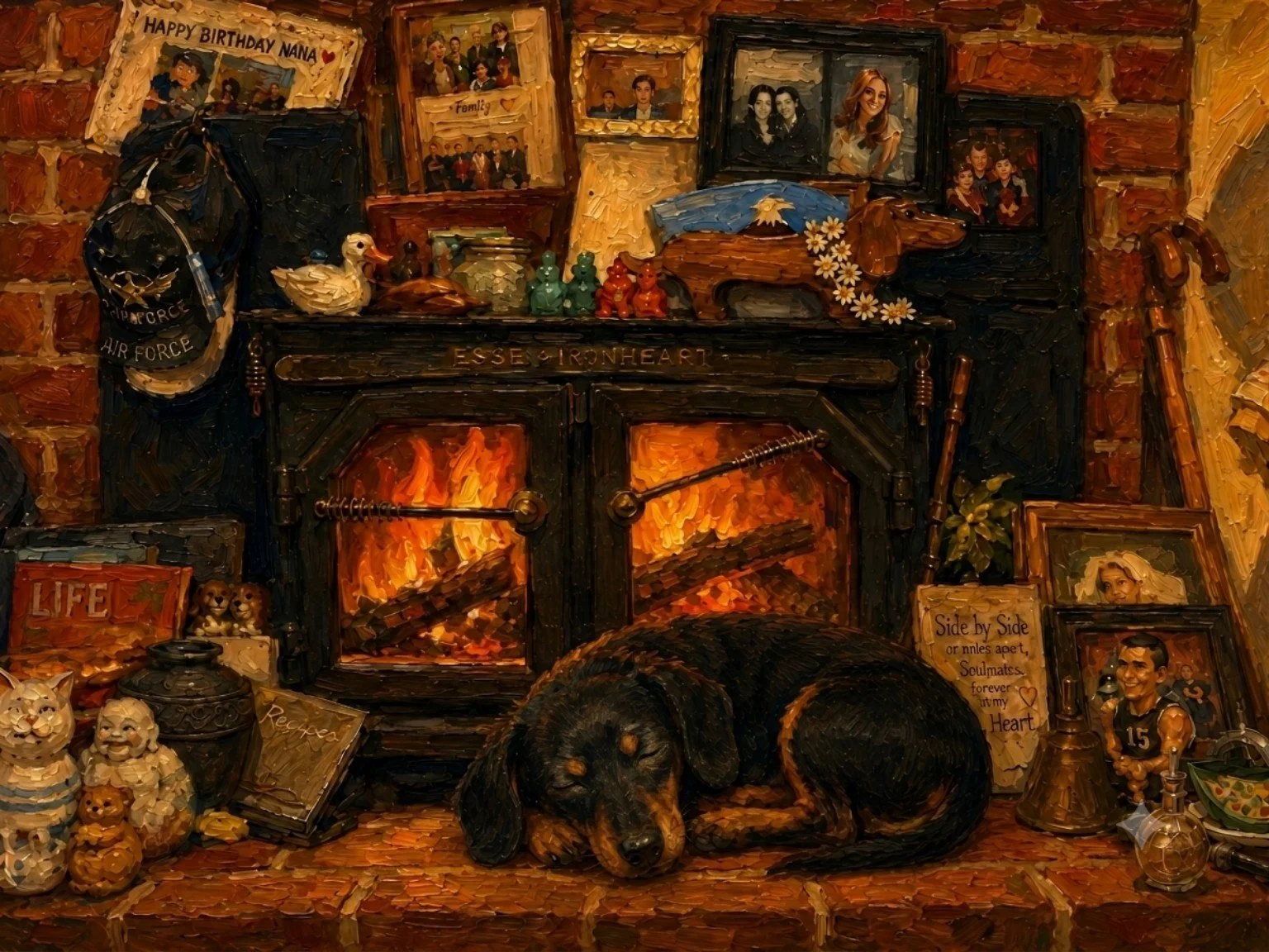 AI-generated oil-painting-style image of a fireplace mantel covered in family photos and keepsakes, with a black-and-tan dog sleeping on the hearth
