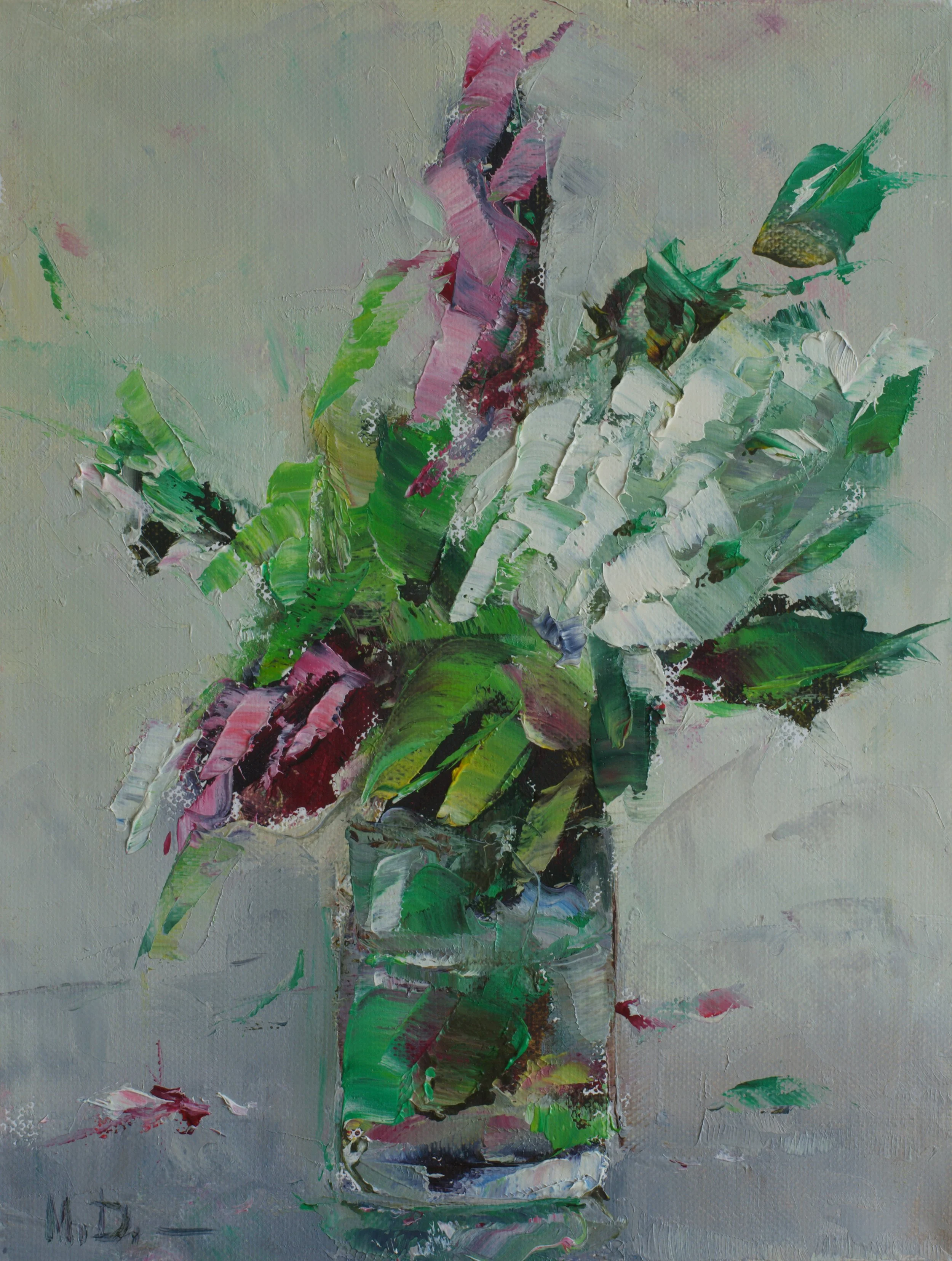 Flowers 2, 2024, oil painting by Mykhailo Daruda, expressive floral still life with pink and white flowers in a green glass vase.