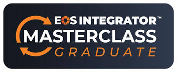EOS Integrator Masterclass Graduate logo with orange and white text on a dark background.