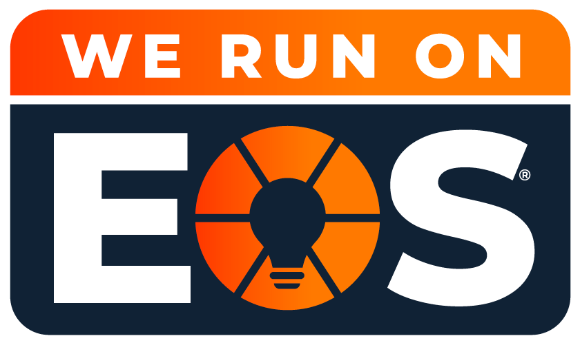 Logo for the electric vehicle charging network 'We Run On EOS' with text in white on an orange background and a circular orange symbol resembling a light bulb inside the letter 'O' in 'EOS'.