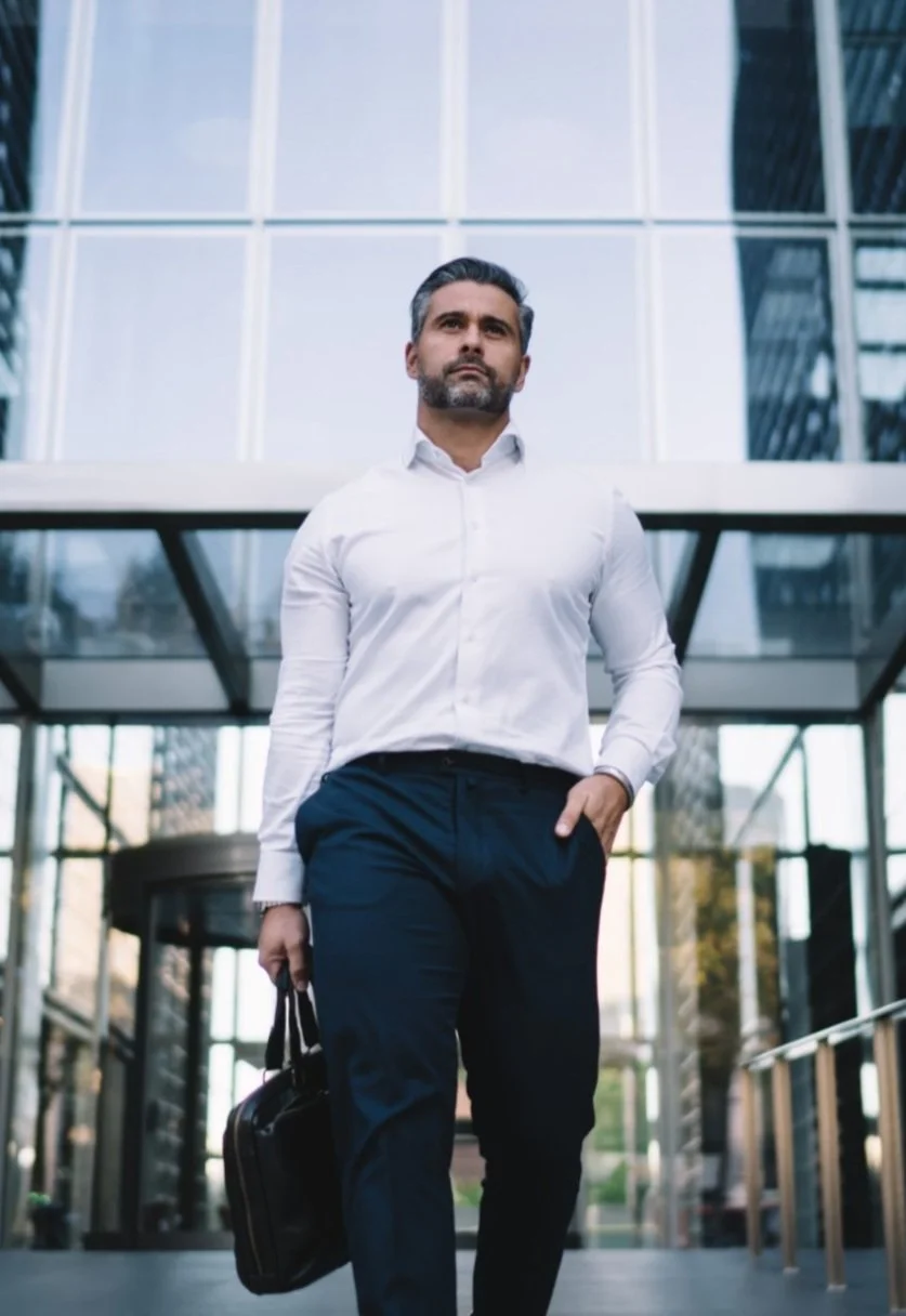 A confident man in business attire walking outside a modern glass office building, carrying a black briefcase.