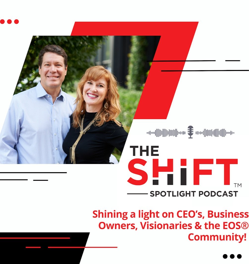 A promotional graphic for 'The SHIFT Spotlight Podcast' features a smiling man and woman standing outdoors with greenery in the background, alongside text highlighting a focus on CEOs, business owners, visionaries, and the EOS community.