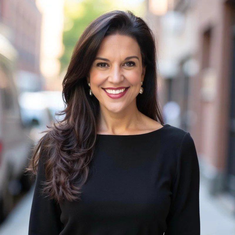 A woman with long dark hair, wearing a black top and earrings, smiling outdoors in an urban setting.