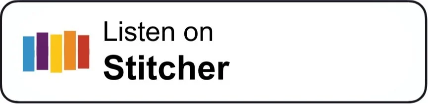 A rectangular badge with multicolored vertical lines on the left and the text "Listen on Stitcher" with "Stitcher" in bold.