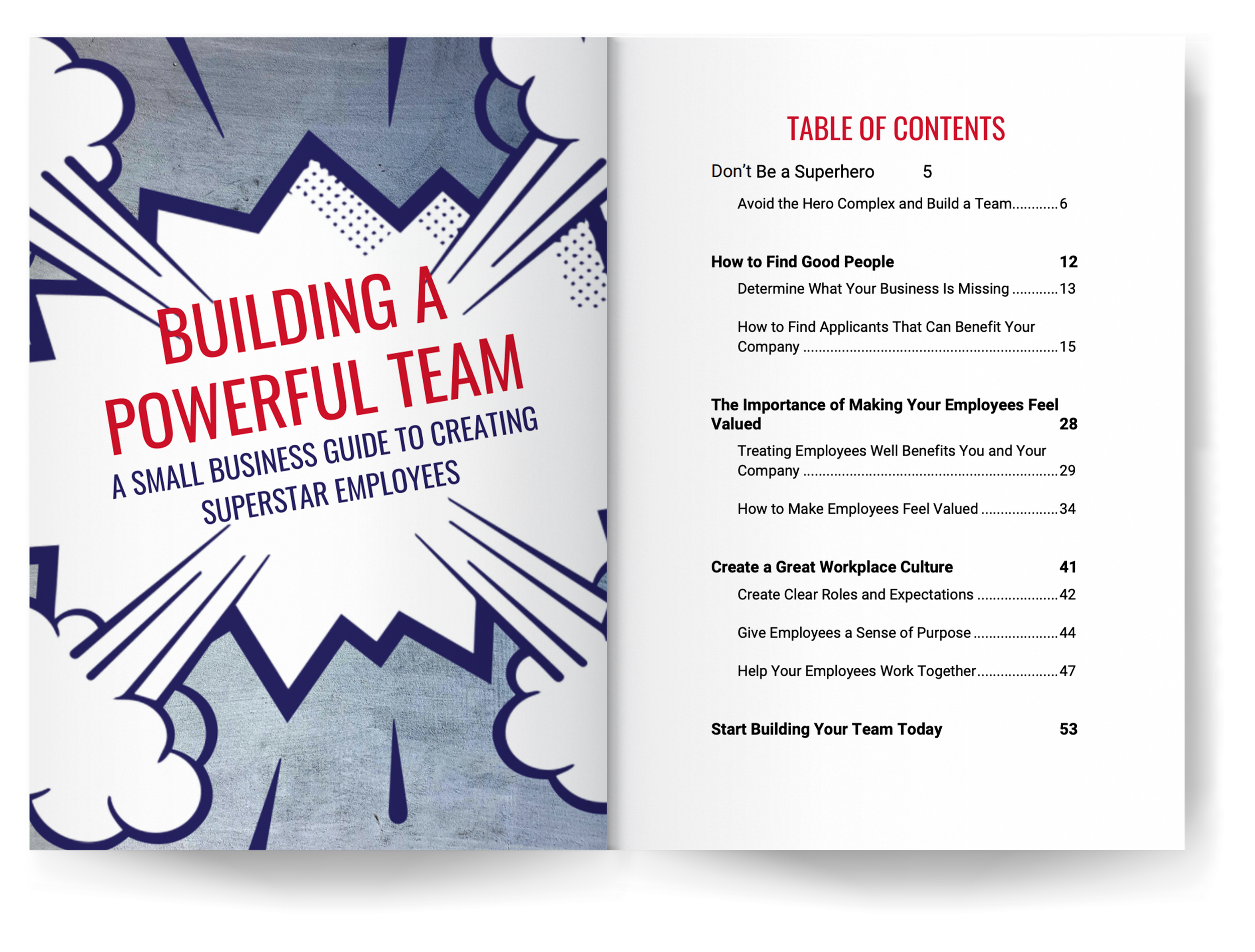 Cover of a small business guide titled 'Building a Powerful Team: A Small Business Guide to Creating Superstar Employees', featuring comic-style graphics and a table of contents.