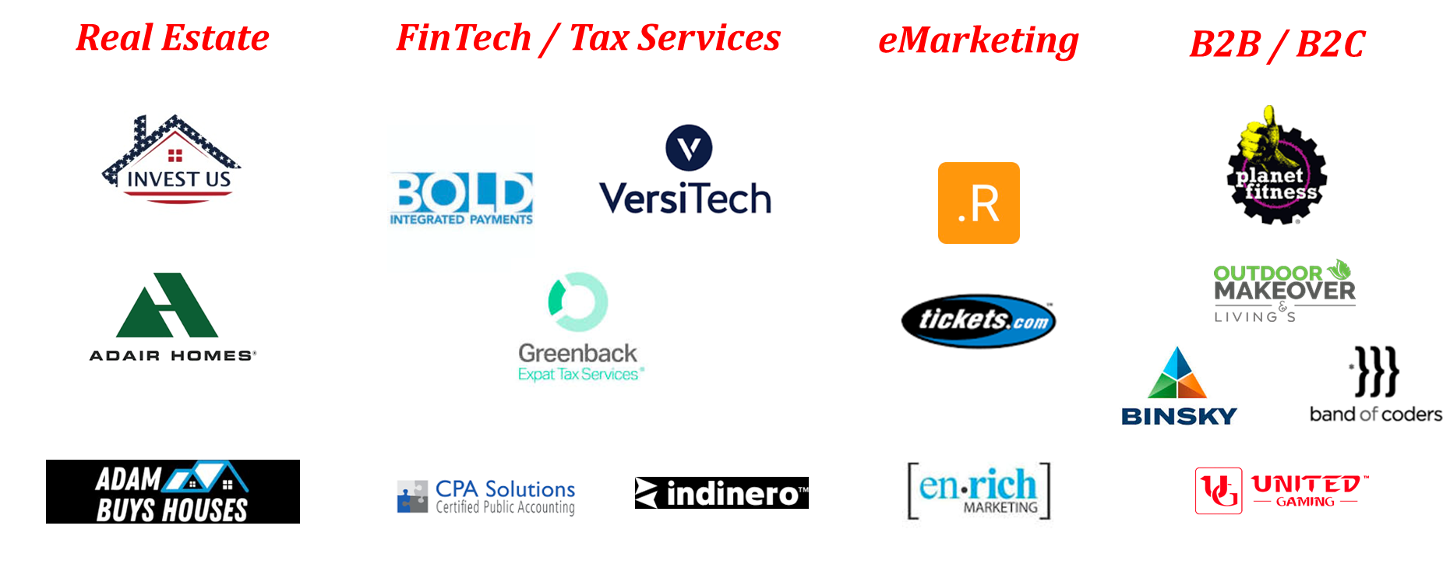 A digital collage of various company logos and business names, including Invest US, Bold Integrated Payments, VersiTech, Greenback Expat Tax Services, Ticketz.com, Abair Homes, Planet Fitness, Outdoor Makeover, Binsky, Band of Coders, Adam Buys Houses, CPA Solutions, Indinero, and En-rich Marketing.