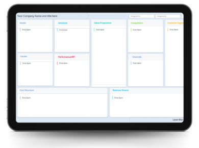 A digital project management or business planning dashboard displayed on a tablet, featuring sections for company name, solution, value proposition, competitors, customer segments, performance KPI, channels, costs, and revenue streams.