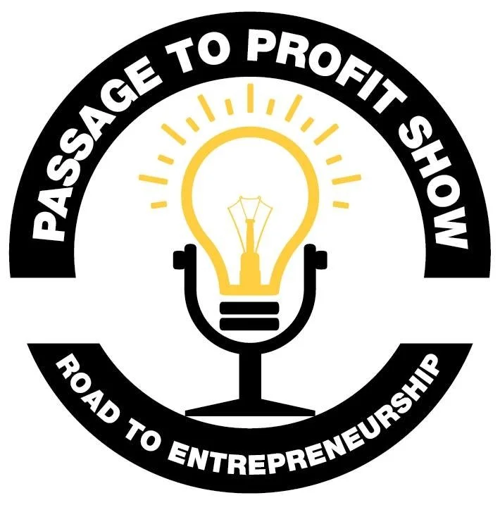 Logo with a lightbulb featuring a filament shaped like a light bulb, surrounded by the text "Passage to Profit Show" and "Road to Entrepreneurship" in a circular design.