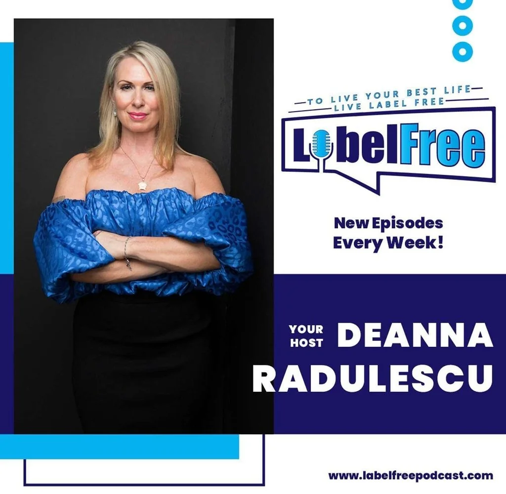 Promotional graphic for the 'Lobe Free' podcast featuring host Deanna Radulescu. Shows a woman with blonde hair in a blue off-the-shoulder top, crossing her arms. Text indicates new weekly episodes and the podcast's slogan.