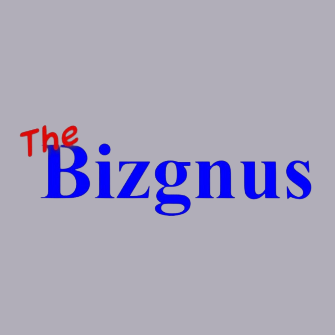 Logo with the words 'The Bizgnus' on a gray background, with 'The' in red and smaller font, and 'Bizgnus' in large blue font.