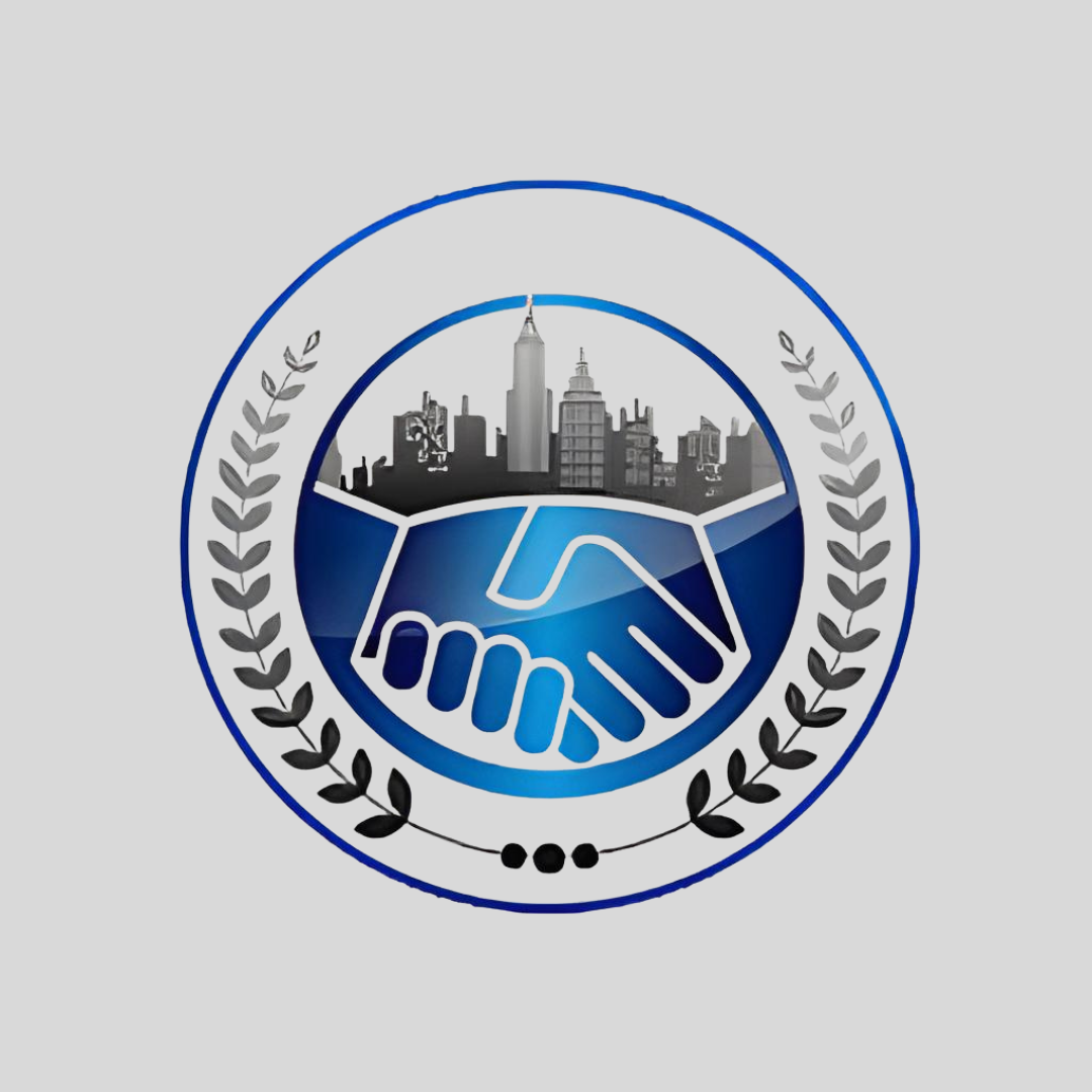 A circular emblem featuring a handshake, a city skyline including the Empire State Building, and laurel branches surrounding the circle.