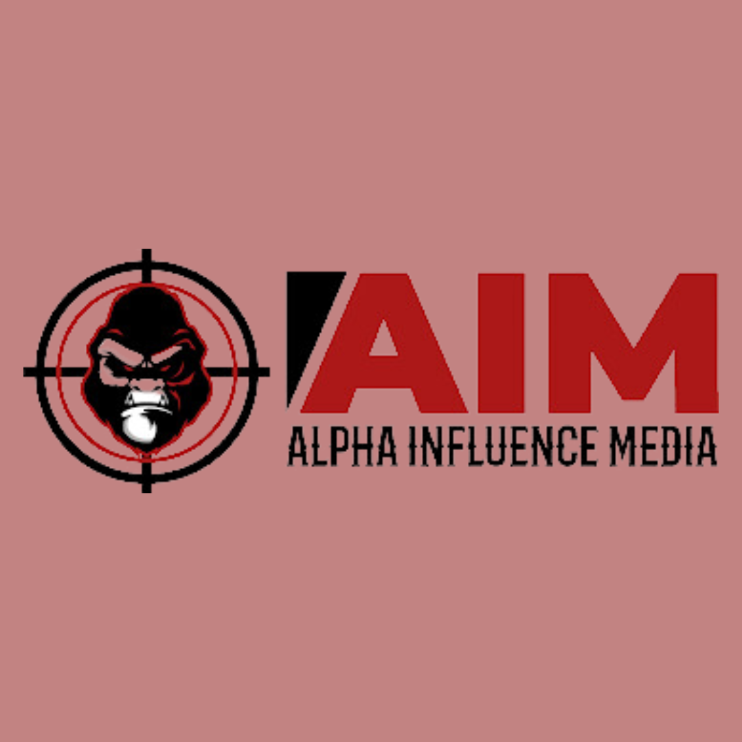 Logo of AIM Alpha Influence Media featuring a gorilla's head inside a crosshair target, with bold red and black text.