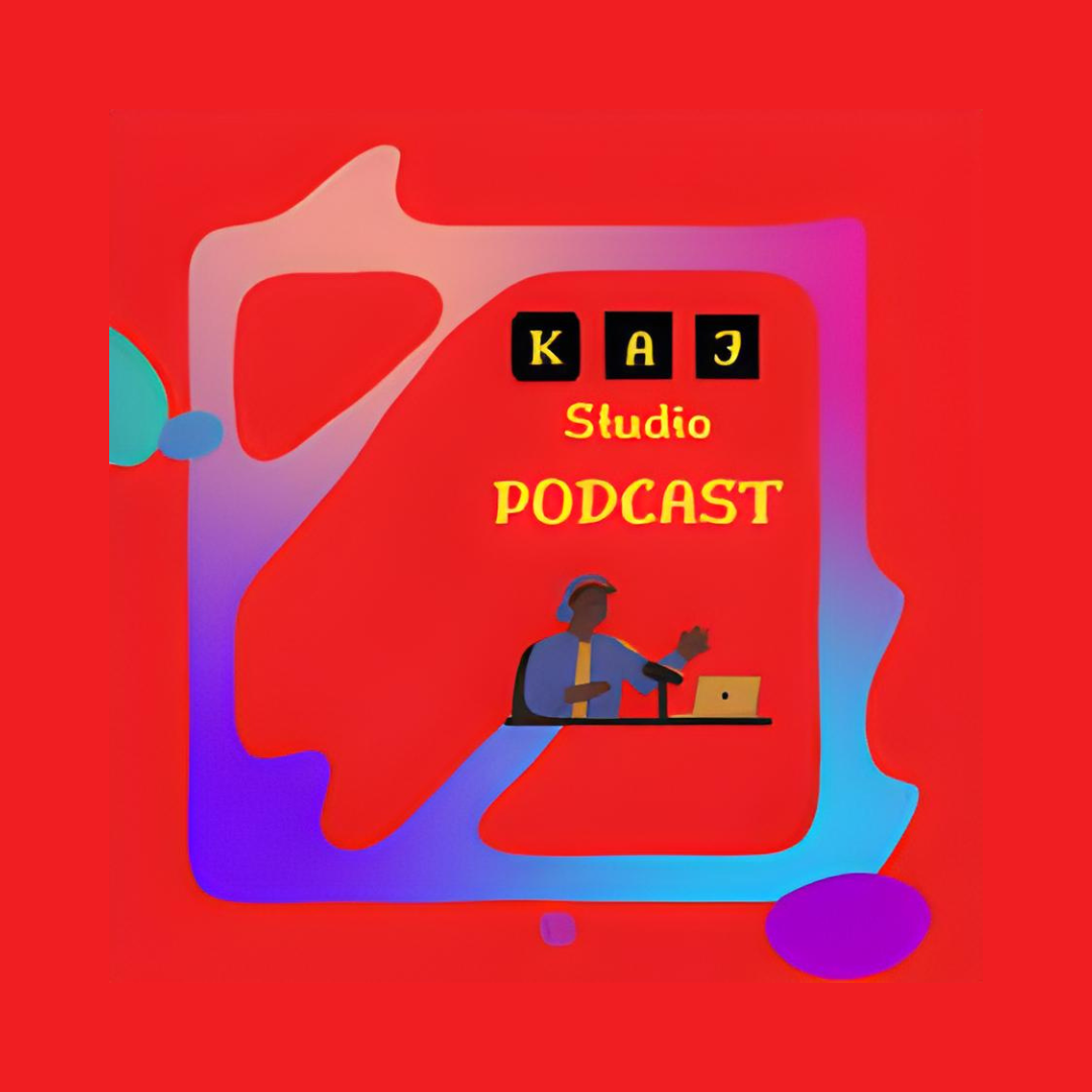 Colorful illustration of a podcast studio sign with a person at a desk with a laptop, surrounded by abstract shapes and vibrant colors.