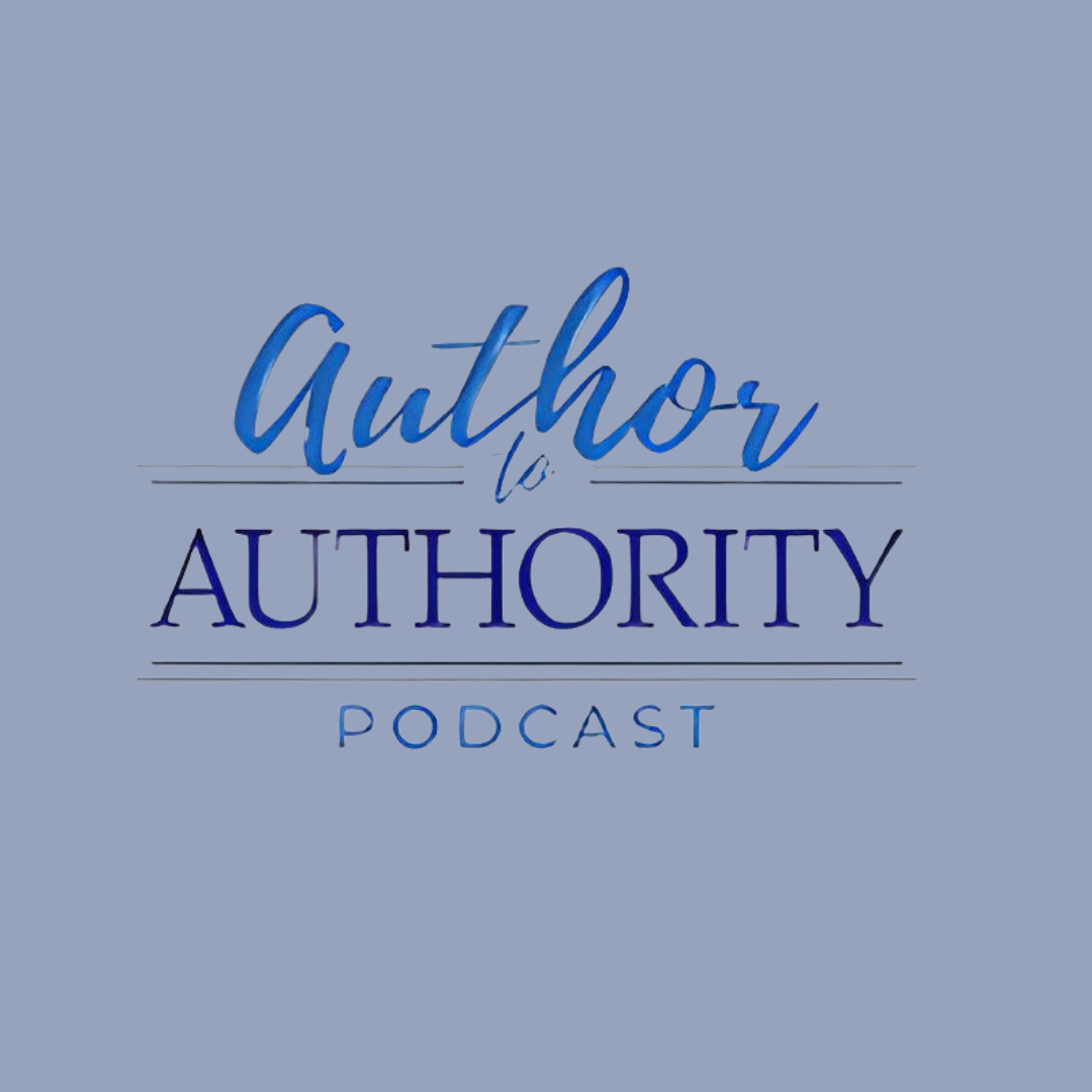 Logo for the 'Author to Authority' podcast with a blue and purple color scheme and stylized text on a light blue background.
