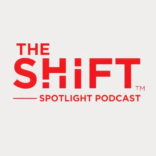Logo for The Shift Spotlight Podcast with red text on a light gray background.