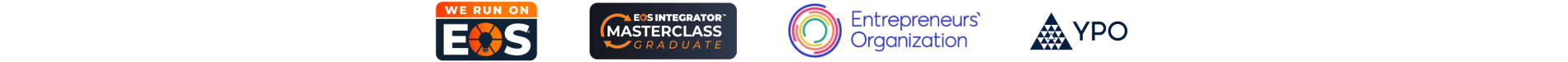Logos of various organizations and programs including EOS, EOS Masterclass Graduate, Entrepreneurs Organization, and YPO.