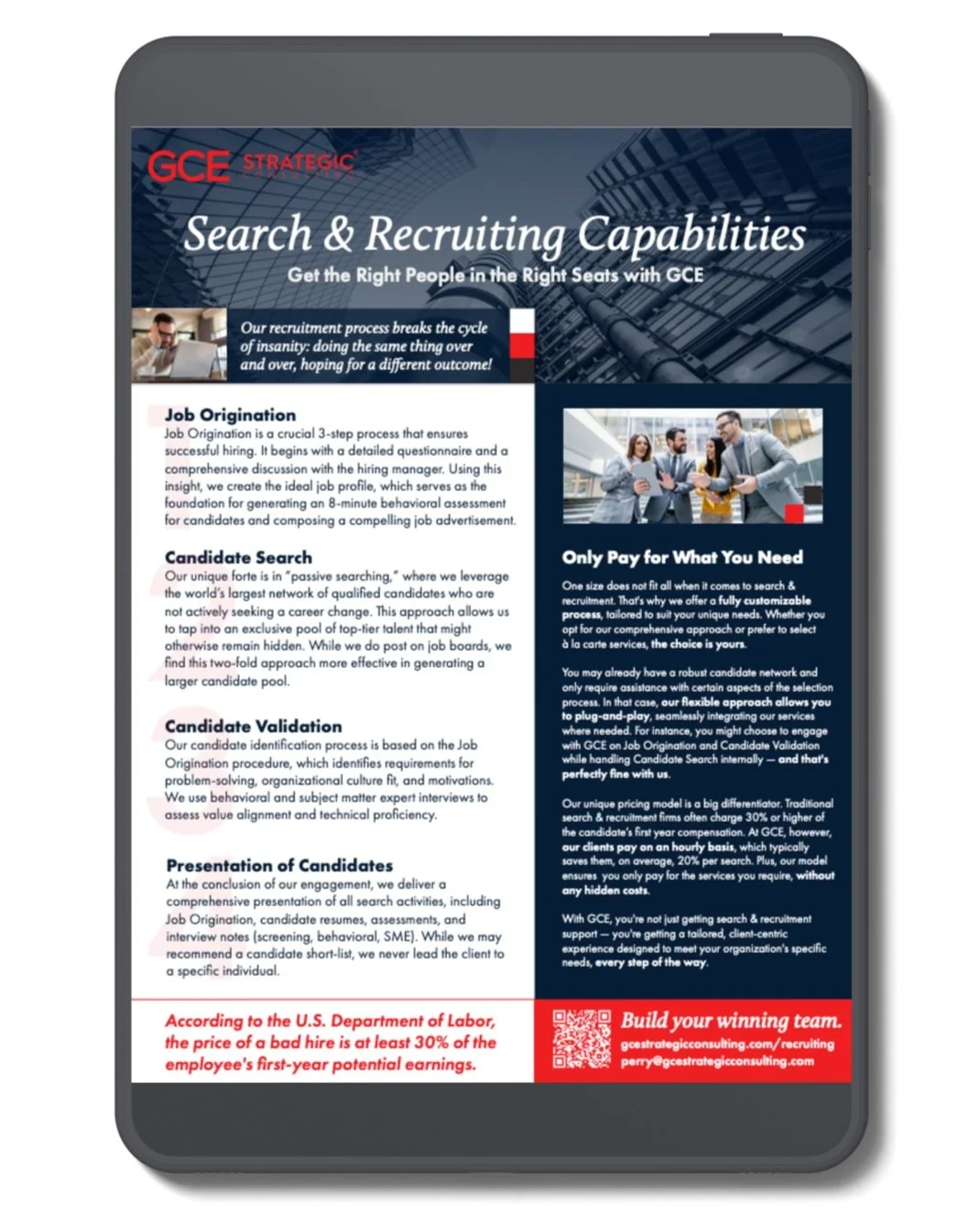 Tablet displaying a recruitment flyer for GCE Strategic with sections on job origination, candidate search, validation, and presentation, including a picture of three professionals conversing and a QR code at the bottom.