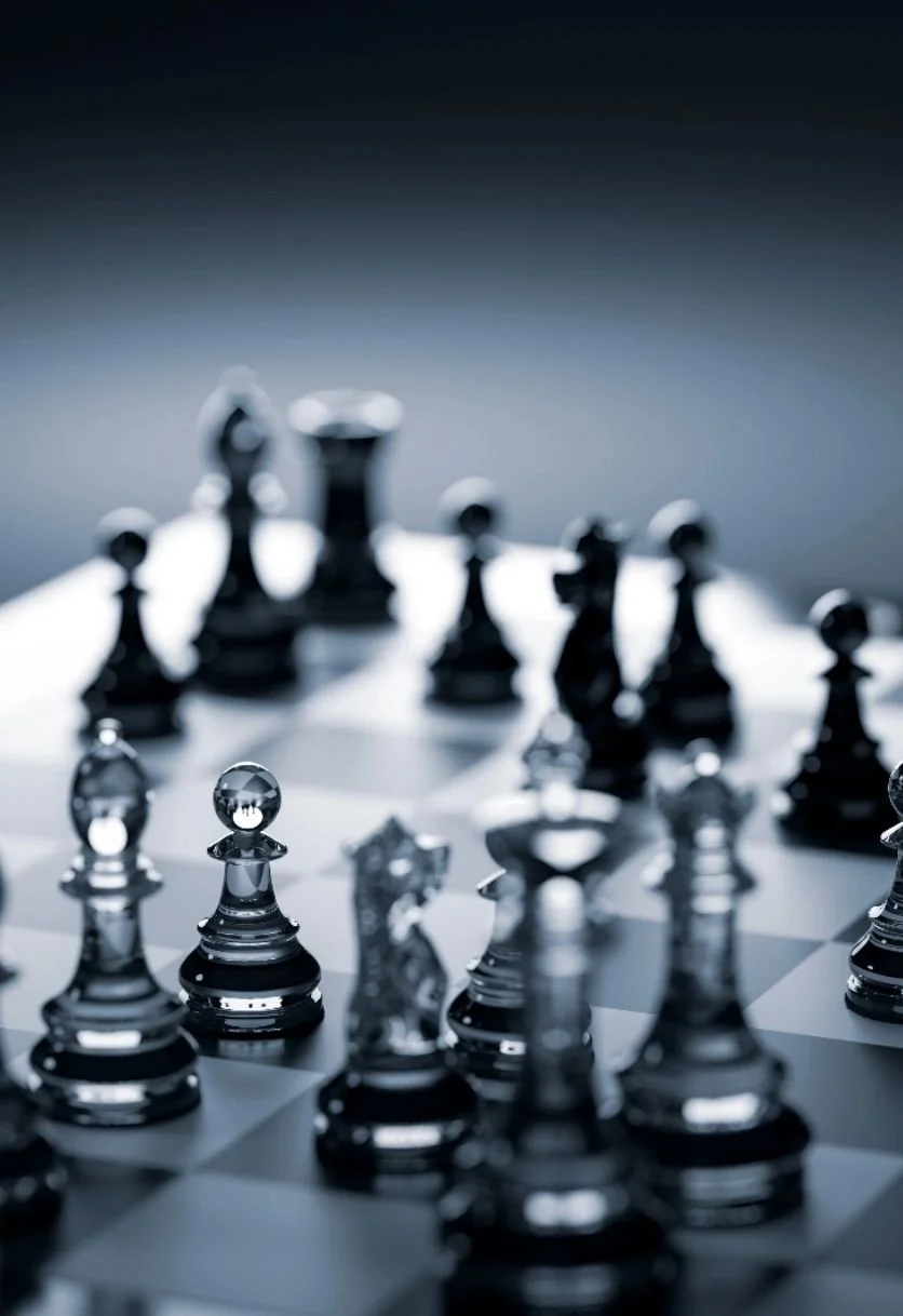 Close-up of a glass chess game in progress, with glass chess pieces on a black and white checkered board.