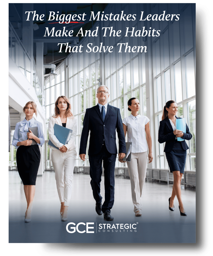 A group of five business professionals walking in a modern office building with large glass windows, dressed in formal attire, holding documents and folders, with a motivational quote at the top about leadership mistakes and habits. GCE Strategic Consulting logo at the bottom.