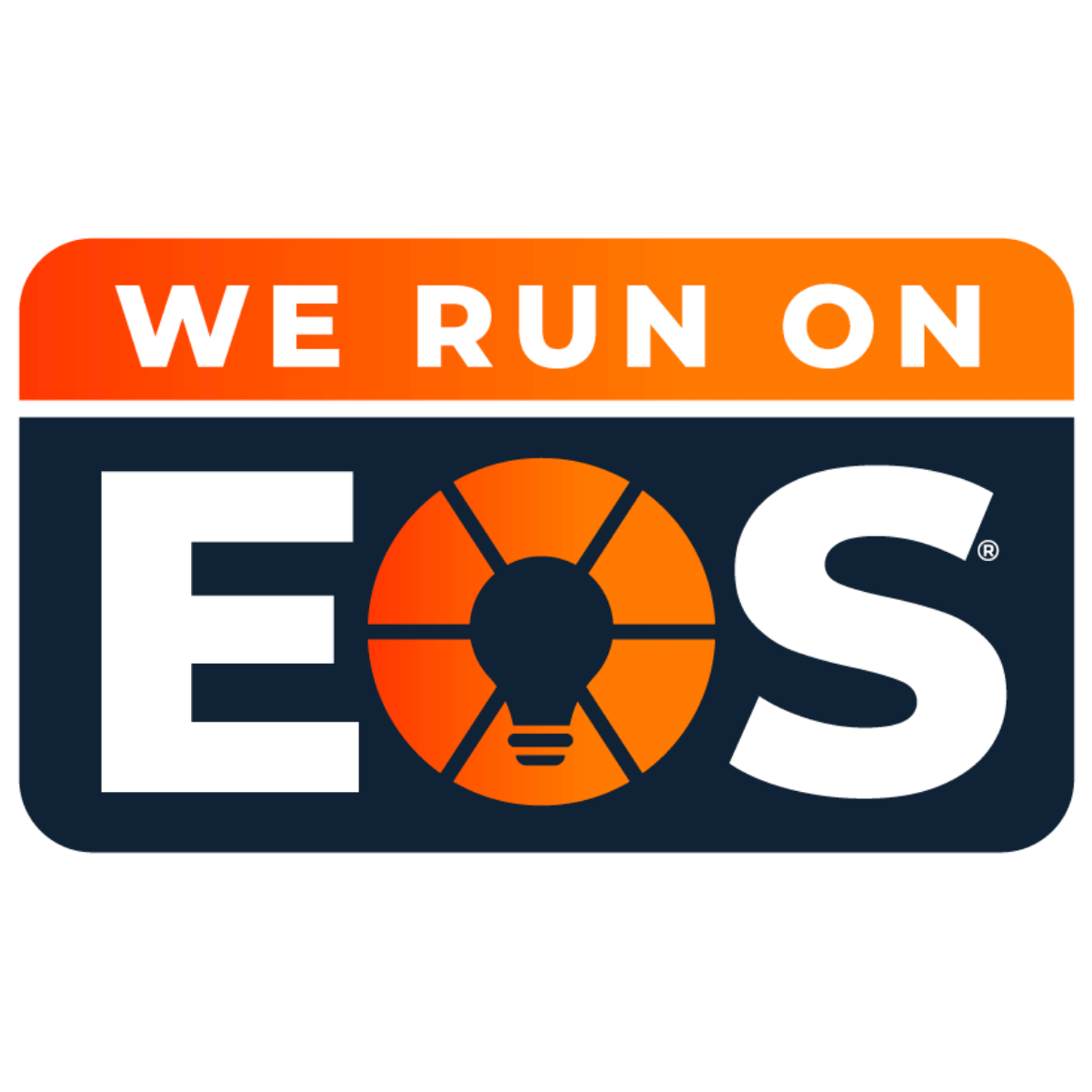 Logo with the text 'We Run On EOS' in bold, with the 'O' in 'EOS' stylized as an orange light bulb with black lines.