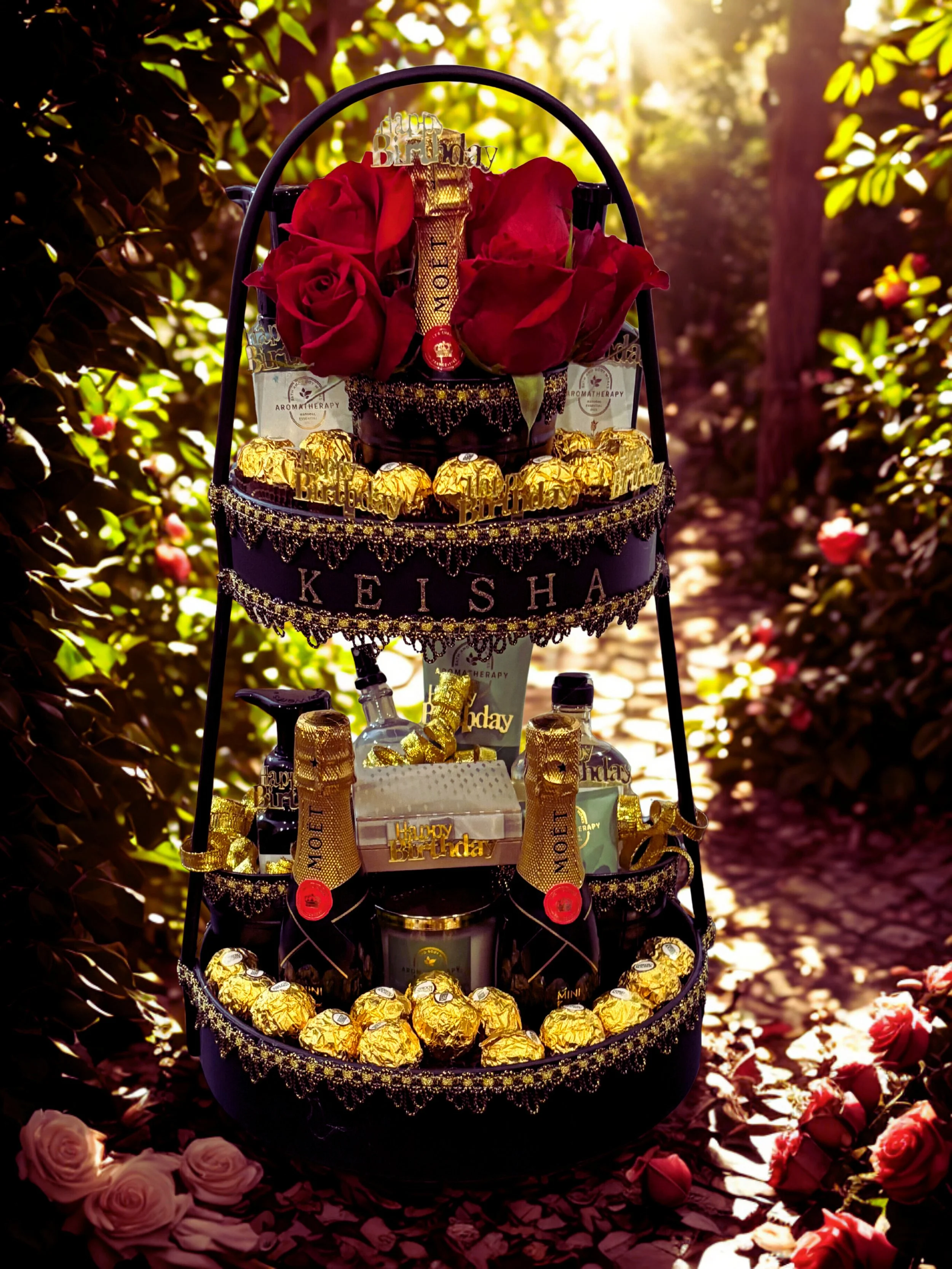 Three-tiered black gift basket with gold foil chocolates, red roses, champagne bottles, and birthday decorations outdoors on a stone path surrounded by rose bushes.