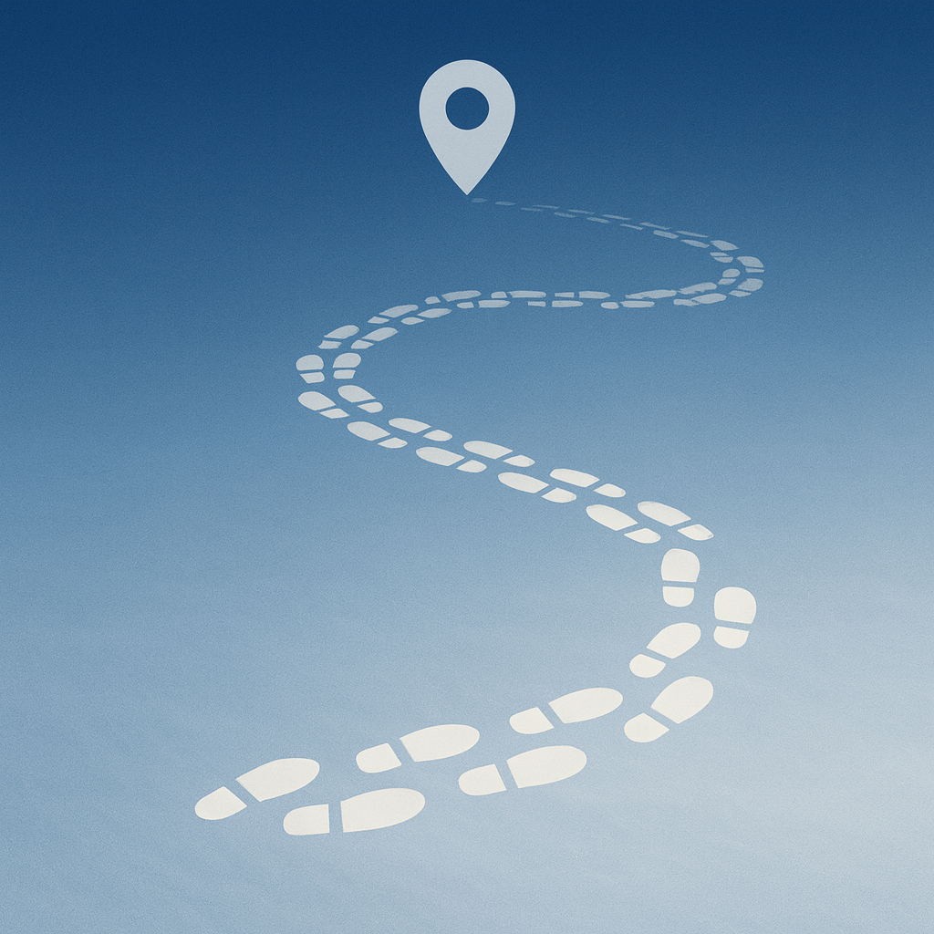 Digital illustration of a winding dashed white path leading to a map pin marker on a blue gradient background.
