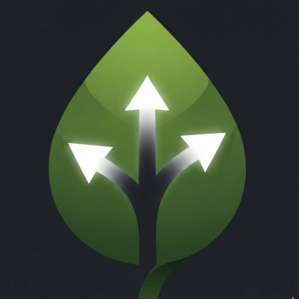 Green leaf with three white arrows pointing in different directions: up, left, and right.