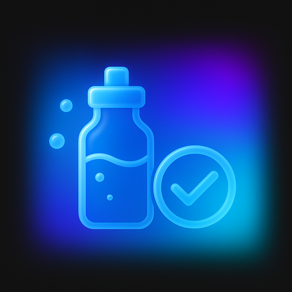 Neon blue icon of a medicine bottle with a checkmark inside a circle, indicating approval or safety.