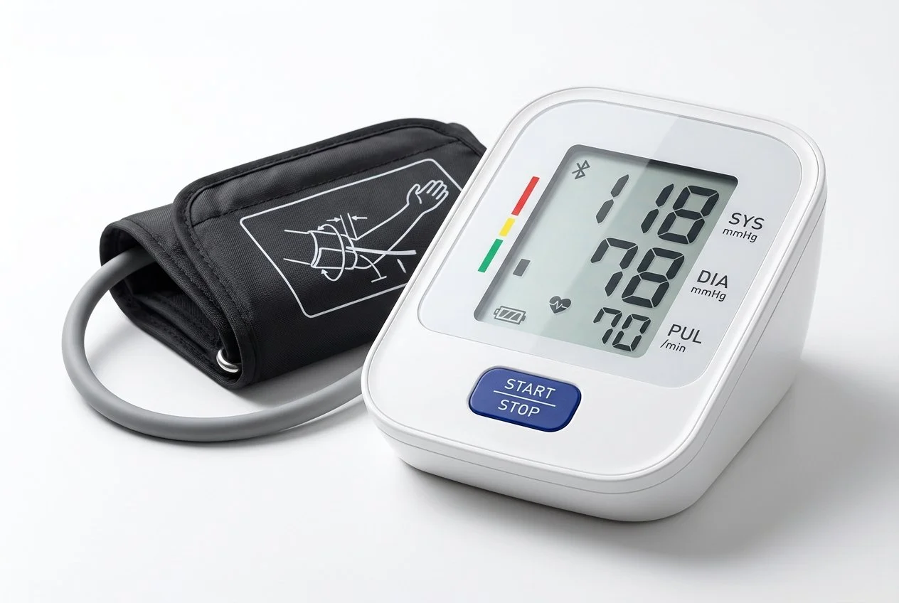 Digital blood pressure monitor with a cuff and a display showing a systolic reading of 118, diastolic of 78, and pulse of 70, placed on a white surface.