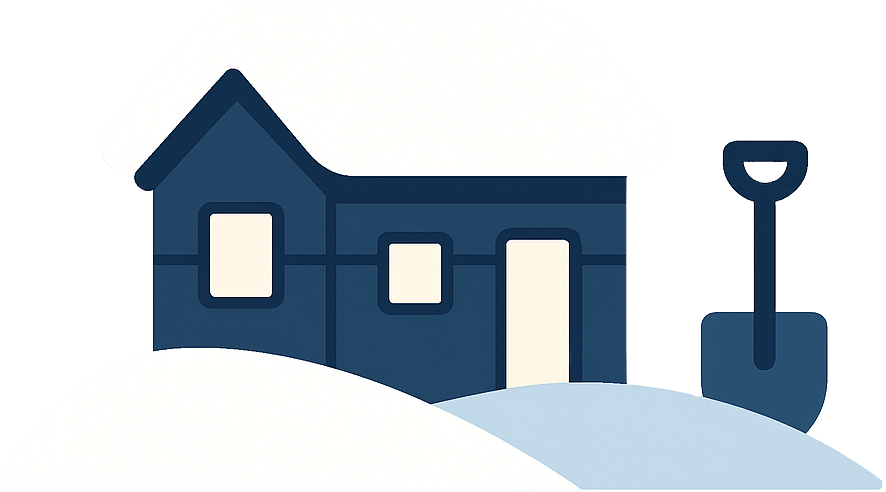 Illustration of a house with snow on the ground and a shovel nearby.